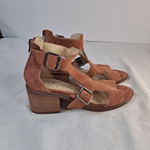 Sole Society Tonni Sandals Womens 7M Brown Suede Cutout Block Heel Rear Zip - Picture 4 of 10